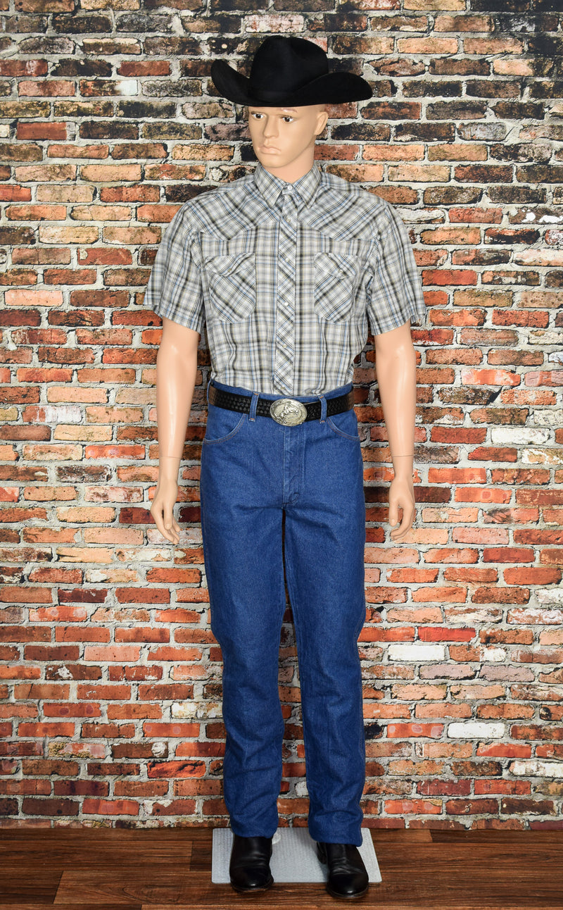 Men's Vintage 80's Wrangler Blue & Grey Plaid Short Sleeve Snap Button Western Shirt