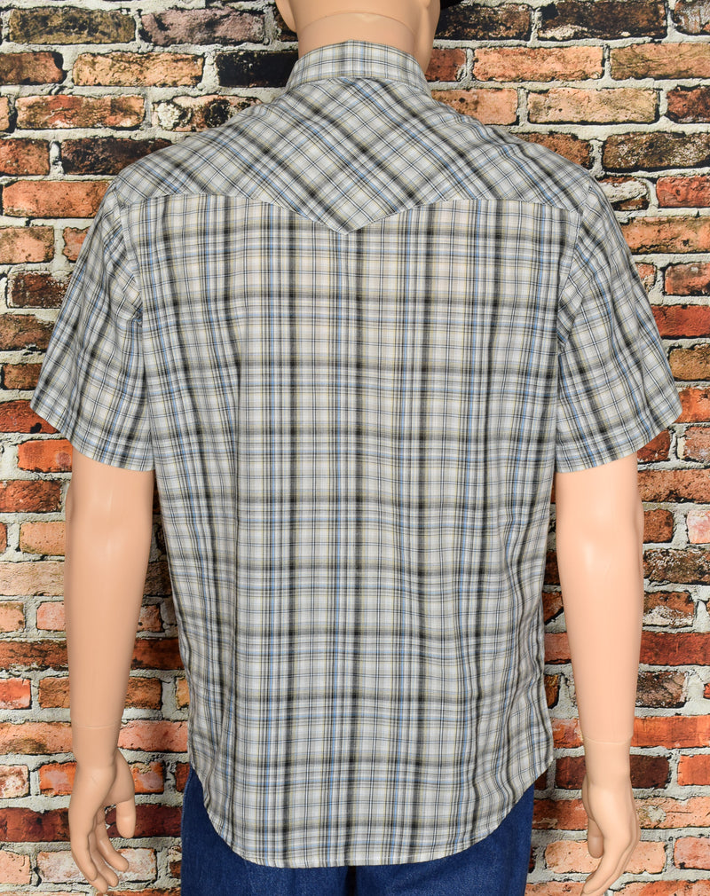 Men's Vintage 80's Wrangler Blue & Grey Plaid Short Sleeve Snap Button Western Shirt