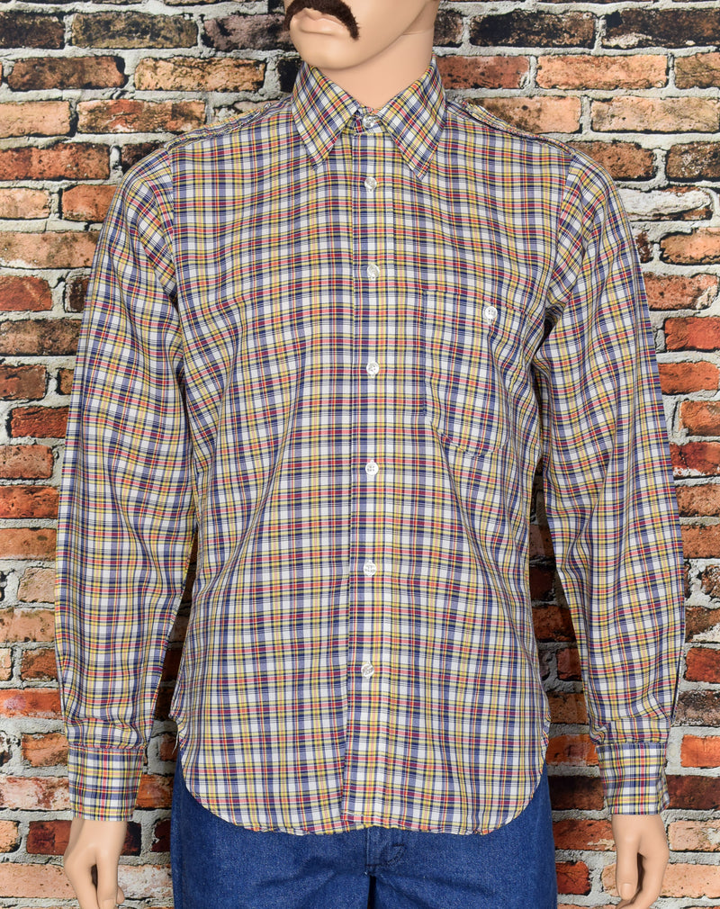 Men's Vintage 70s Lew Magram Plaid Long Sleeve Button Up With Epaulettes and Front Pocket