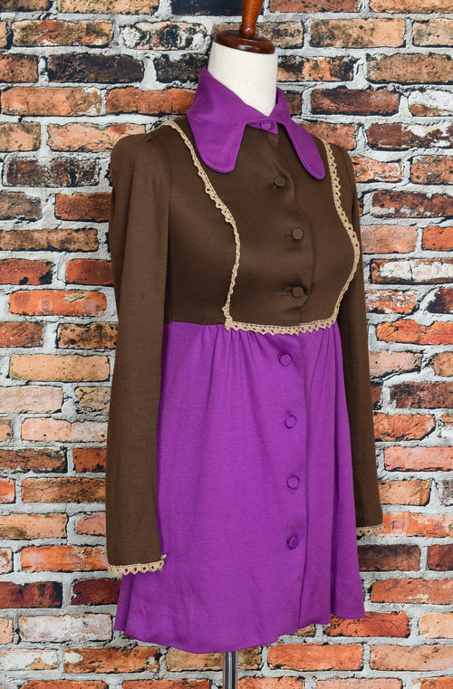 RARE Vintage 70s Purple & Brown BILL BERMAN For ANASTASIAS Micro Mini Long Sleeve Dress