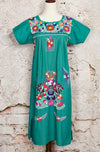 Vintage 60s/70s Green Hand Embroidered Oaxacan Mexican Maxi Dress