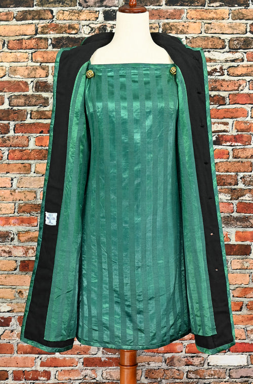 EXTREMELY RARE Vintage 60's Green and Black Striped VOGUE PARIS Dress and Overcoat Set