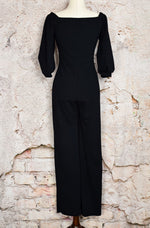 Vintage 80s Black Polyester Sweetheart Neckline Long Sleeve Jumpsuit