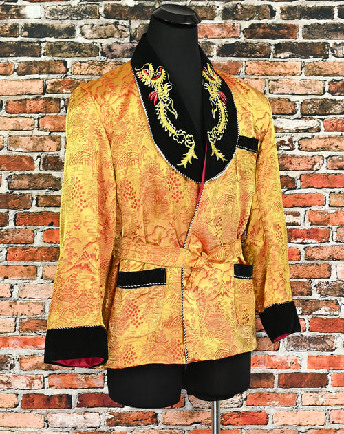 Vintage 50s Gold & Red Chinese Silk Brocade Smoking Jacket w/ Embroidered Dragons