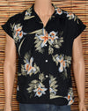 Vintage 70s Black Floral HAWAII NEW Hawaiian Cap Sleeve Shirt