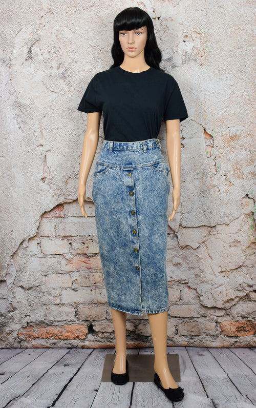 Women's Vintage 80s Zena Blue Acid Wash Button Down High Waisted Maxi Denim Skirt - 11
