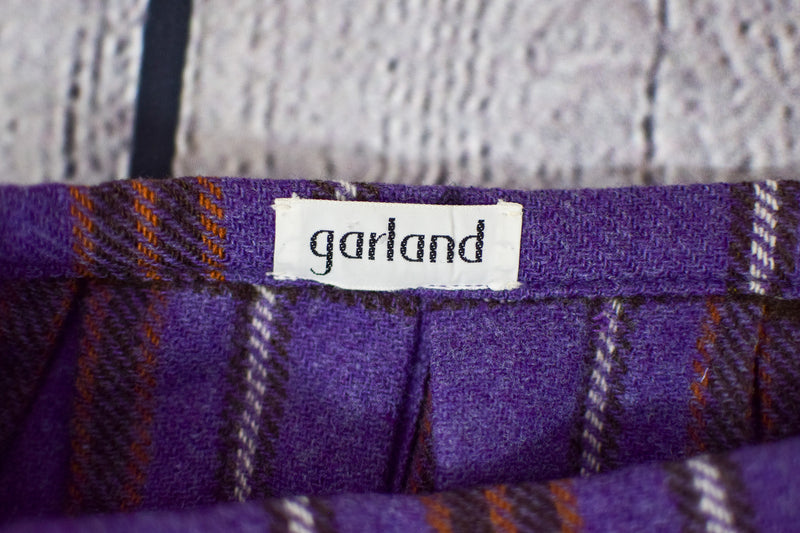 Women's Vintage 70s Garland Purple Plaid Pleated Wool High Waisted Skirt