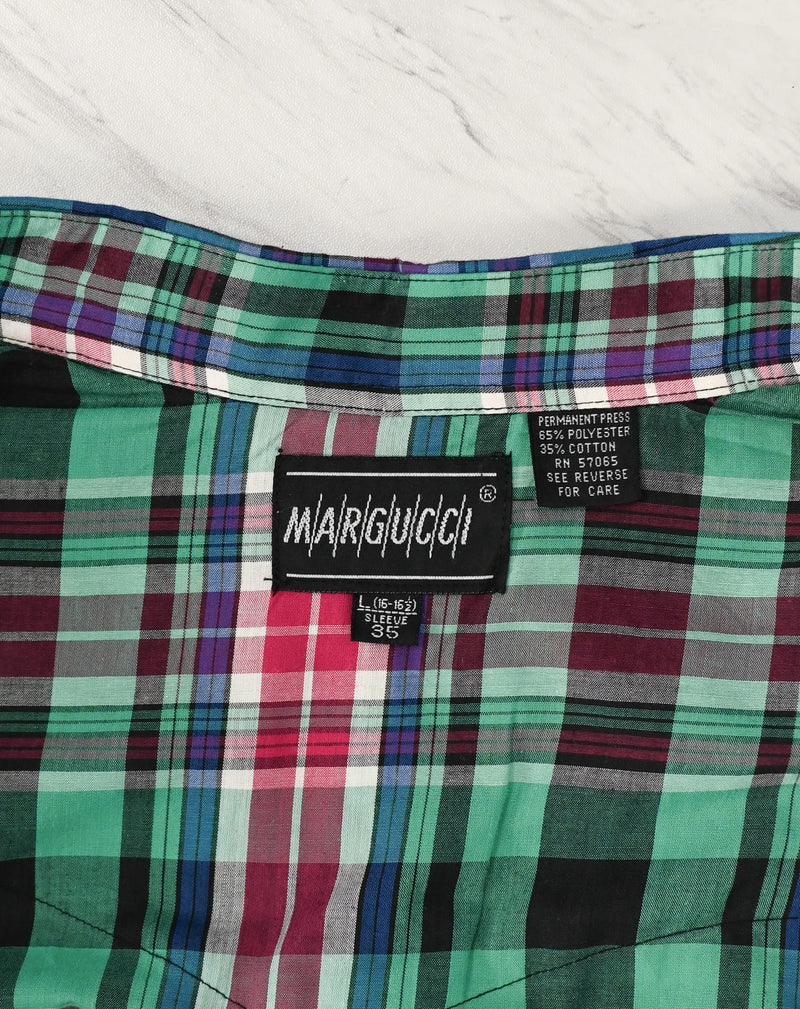 Vintage 90s Red & Green Plaid MARGUCCI Western Snap Button Long Sleeve Shirt - L