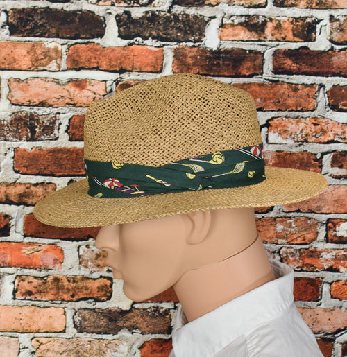 Vintage 50s/60s Handmade SCALA PRO SERIES Straw Fedora w/ Green Umbrella Band Hat