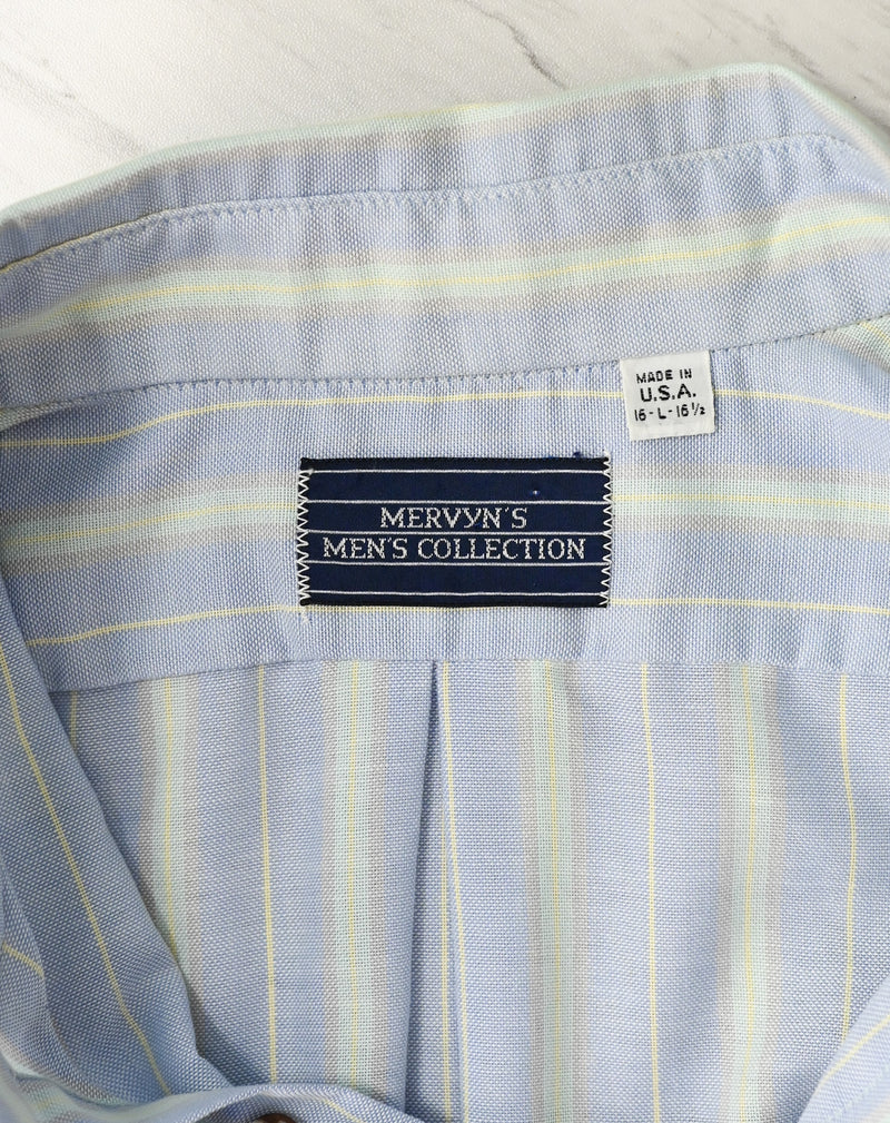 Vintage 90's Blue & Teal Striped MERVYN'S Short Sleeve Button Down Shirt - 16-L-16-1/2