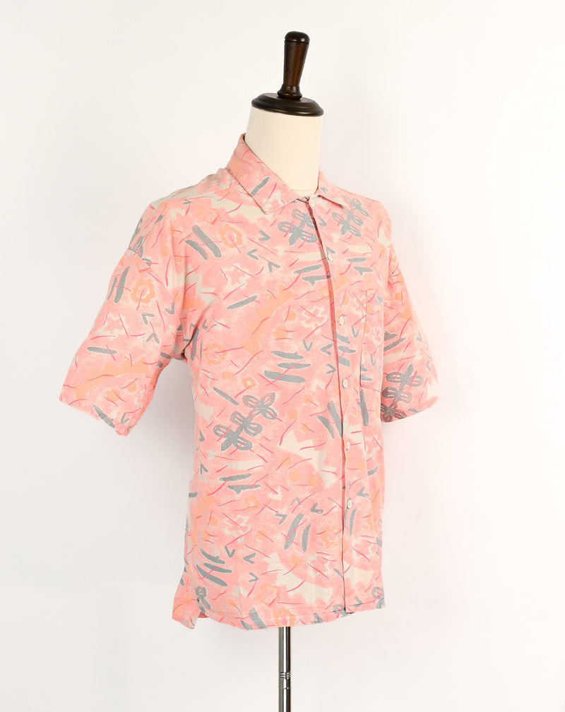 Vintage 80's Pink & Gray Floral SURF GEAR Hawaiian Shirt - XL