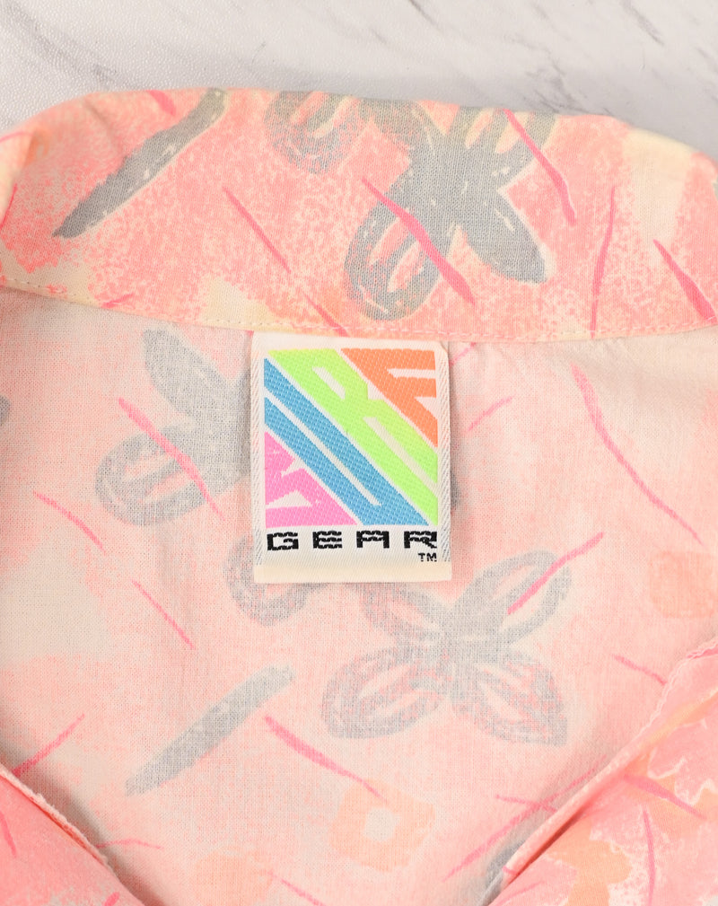 Vintage 80's Pink & Gray Floral SURF GEAR Hawaiian Shirt - XL