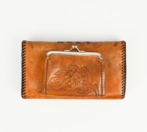 Vintage Brown Leather "LYNN" Floral Tooled Western Wallet w/ Attached Coin Purse