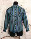 Vintage Blue & Black Striped WRANGLER X-Long Tails Snap Button Long Sleeve Dress Shirt - 16-34