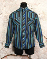 Vintage Blue & Black Striped WRANGLER X-Long Tails Snap Button Long Sleeve Dress Shirt - 16-34