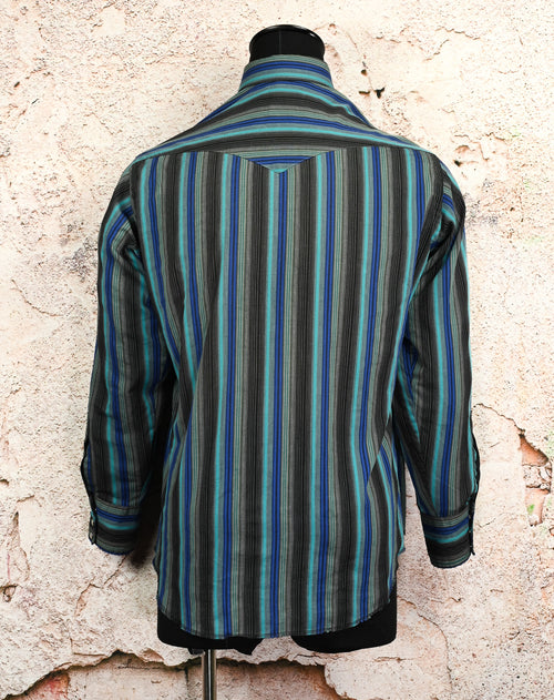 Vintage Blue & Black Striped WRANGLER X-Long Tails Snap Button Long Sleeve Dress Shirt - 16-34