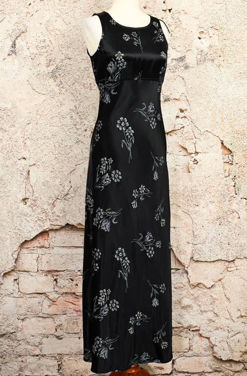 Vintage 90s Black Floral ALL THAT JAZZ Empire Waist Maxi Dress - 7/8