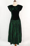 Vintage 80s Dark Green Velvet & Taffeta ANNIE QUINCE Backless Drop Waist Formal Dress - 8