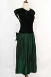 Vintage 80s Dark Green Velvet & Taffeta ANNIE QUINCE Backless Drop Waist Formal Dress - 8