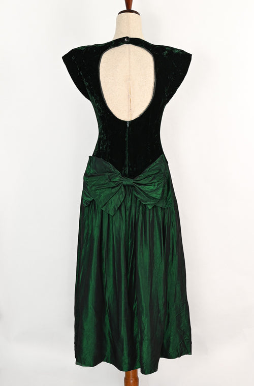 Vintage 80s Dark Green Velvet & Taffeta ANNIE QUINCE Backless Drop Waist Formal Dress - 8