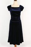 Vintage 90s Dark Blue Velvet JODY CALIFORNIA Ruched Short Sleeve Midi Dress - 9/10