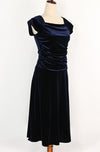 Vintage 90s Dark Blue Velvet JODY CALIFORNIA Ruched Short Sleeve Midi Dress - 9/10