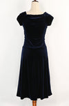 Vintage 90s Dark Blue Velvet JODY CALIFORNIA Ruched Short Sleeve Midi Dress - 9/10