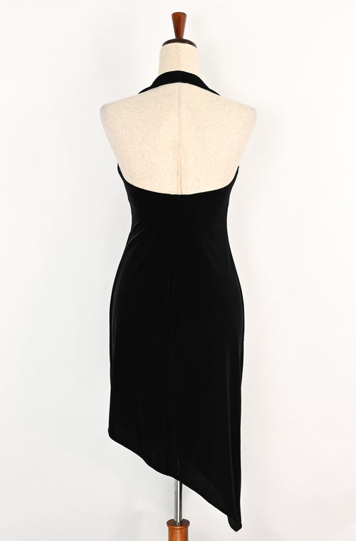 Vintage 90s Black Velvet JODI KRISTOPHER Halter Diagonal Hem Midi Dress - M
