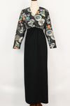 Vintage 70s Black Floral Polyester Long Sleeve Maxi Dress