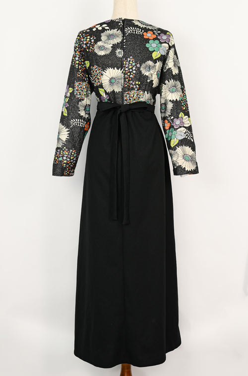 Vintage 70s Black Floral Polyester Long Sleeve Maxi Dress