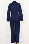 Vintage 70s Dark Blue Polyester ANTHONY RICHARDS Long Sleeve Drop Down Back Jumpsuit - 8