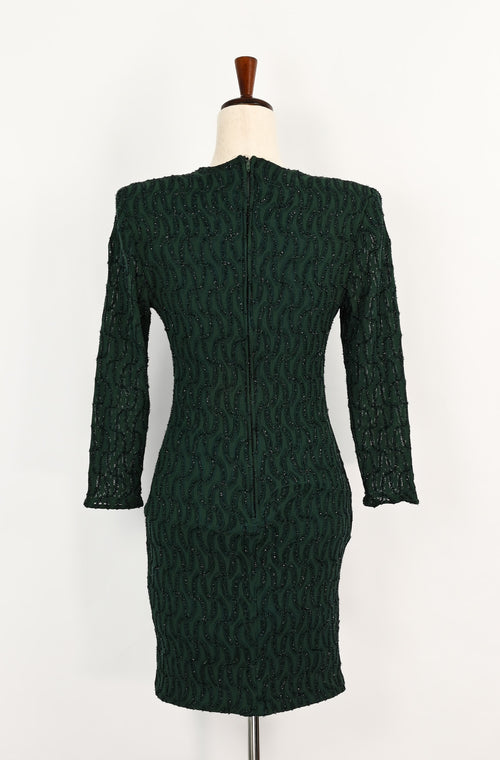 Vintage 80s Dark Green Geometric NIKI PETITES Padded Long Sleeve Bodycon Mini Dress - 12