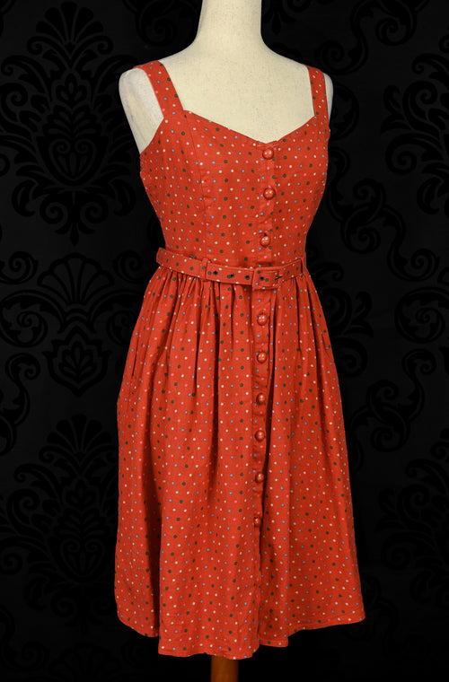 Burnt Red Orange Polka-dot COLLECTIF Swing Dress w/ Matching Belt - L