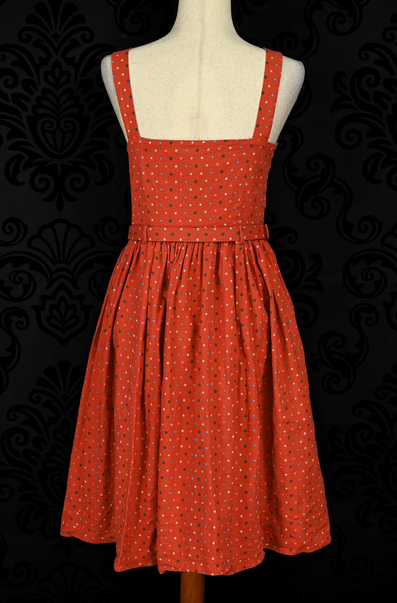 Burnt Red Orange Polka-dot COLLECTIF Swing Dress w/ Matching Belt - L