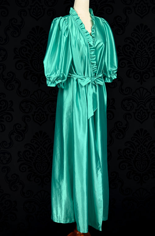 Vintage 80s Turquoise MISS ELAINE Satin Nightgown Robe - M