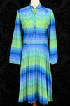 Vintage 70s/80s Blue & Green Striped Polyester Pleated Long Sleeve Dress