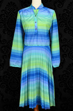 Vintage 70s/80s Blue & Green Striped Polyester Pleated Long Sleeve Dress
