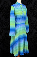 Vintage 70s/80s Blue & Green Striped Polyester Pleated Long Sleeve Dress