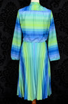 Vintage 70s/80s Blue & Green Striped Polyester Pleated Long Sleeve Dress