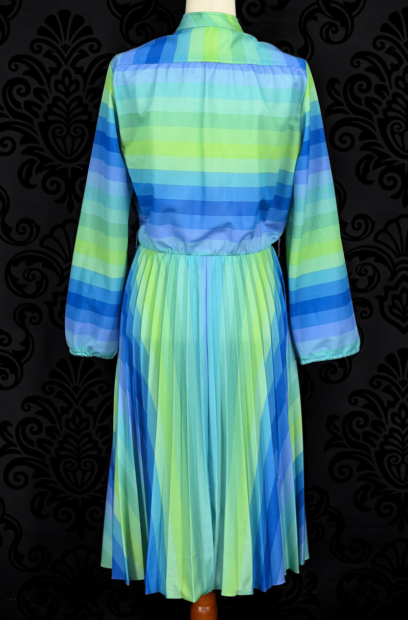 Vintage 70s/80s Blue & Green Striped Polyester Pleated Long Sleeve Dress
