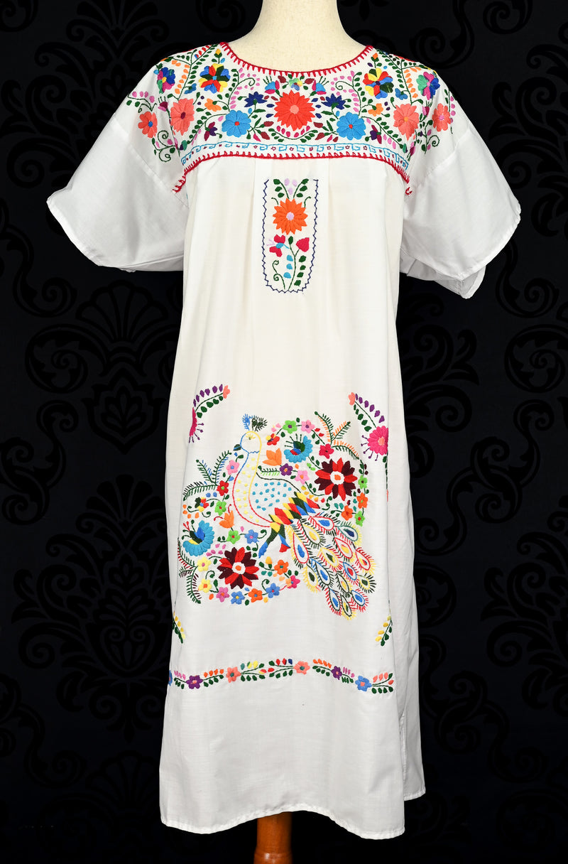 White ORO IMPORT Hand Embroidered Oaxacan Mexican Maxi Dress