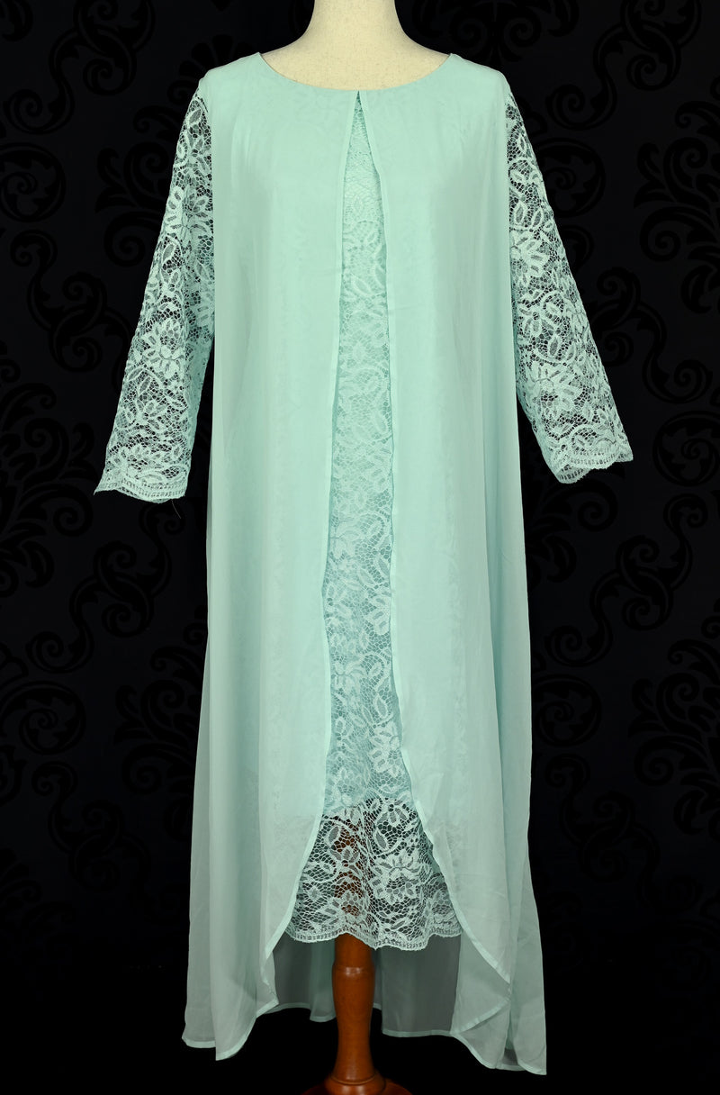 Turquoise Chiffon Lace Layered Draped Long Sleeve Midi Dress