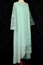 Turquoise Chiffon Lace Layered Draped Long Sleeve Midi Dress