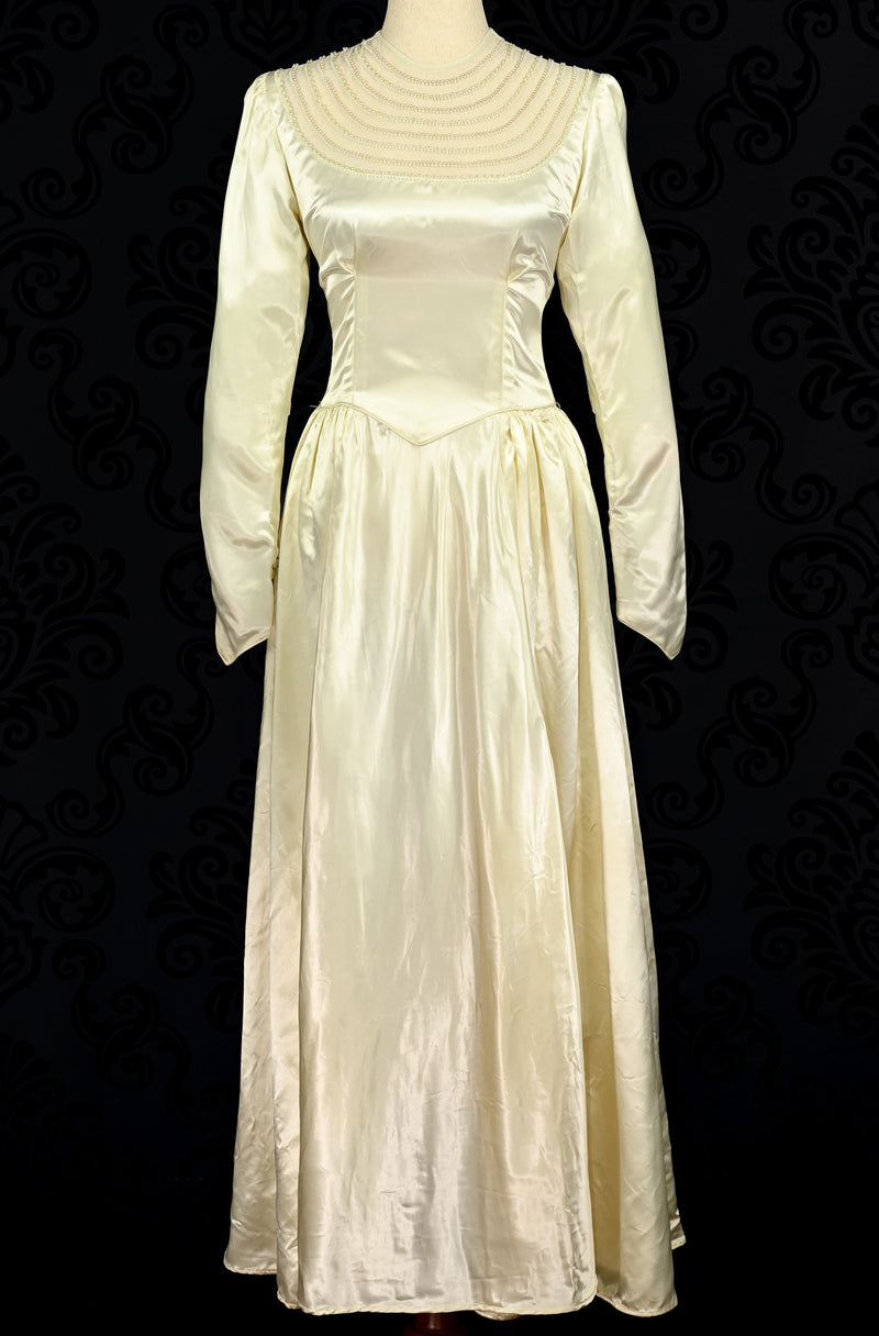 Vintage 80's Satin Ivory Princess Cut Long Sleeve Wedding Dress - WOUNDED