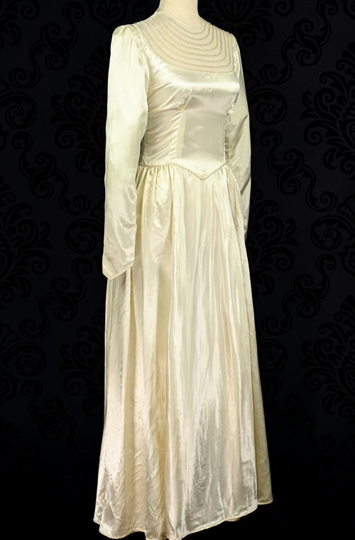 Vintage 80's Satin Ivory Princess Cut Long Sleeve Wedding Dress - WOUNDED