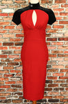 Red & Black Velvet PINUP COUTRE Keyhole Rockabilly Wiggle Dress - S