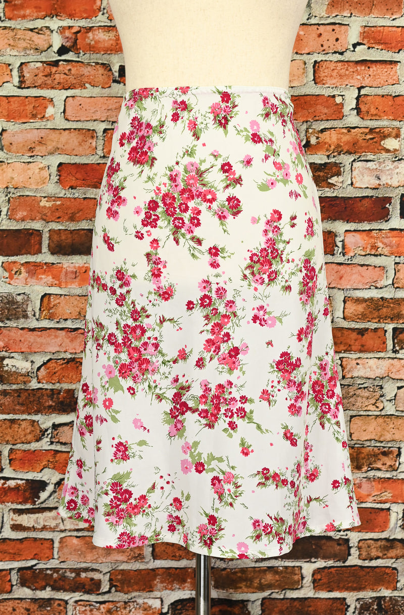 Vintage White & Pink Floral REFERENCE Polyester Midi Skirt - Med