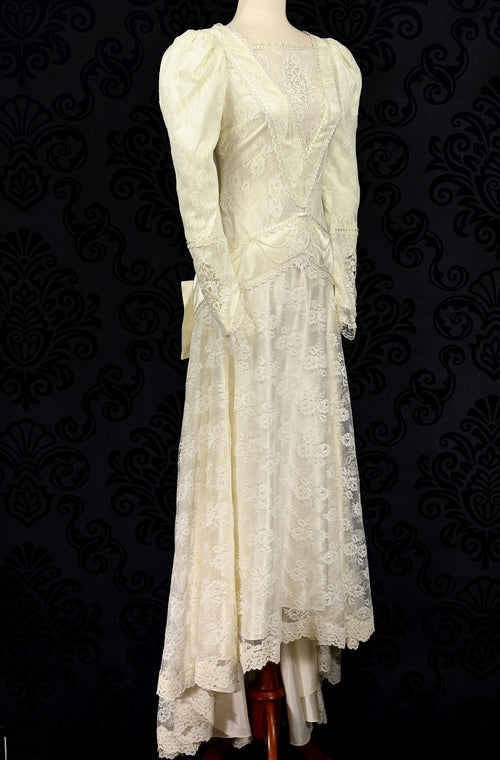 Vintage 80s Ivory ZURICON METHOD PRESTIGE Satin Lace Overlay High Low Wedding Dress - 6