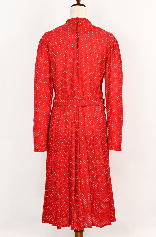 Vintage 80s Red & White Polka-dot JOAN CURTIS Long Sleeve Belted Midi Dress