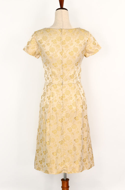 Vintage 50s/60s Gold Brocade Short Sleeve Midi Dress